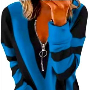 Blue/black striped partially zipped silky blouse